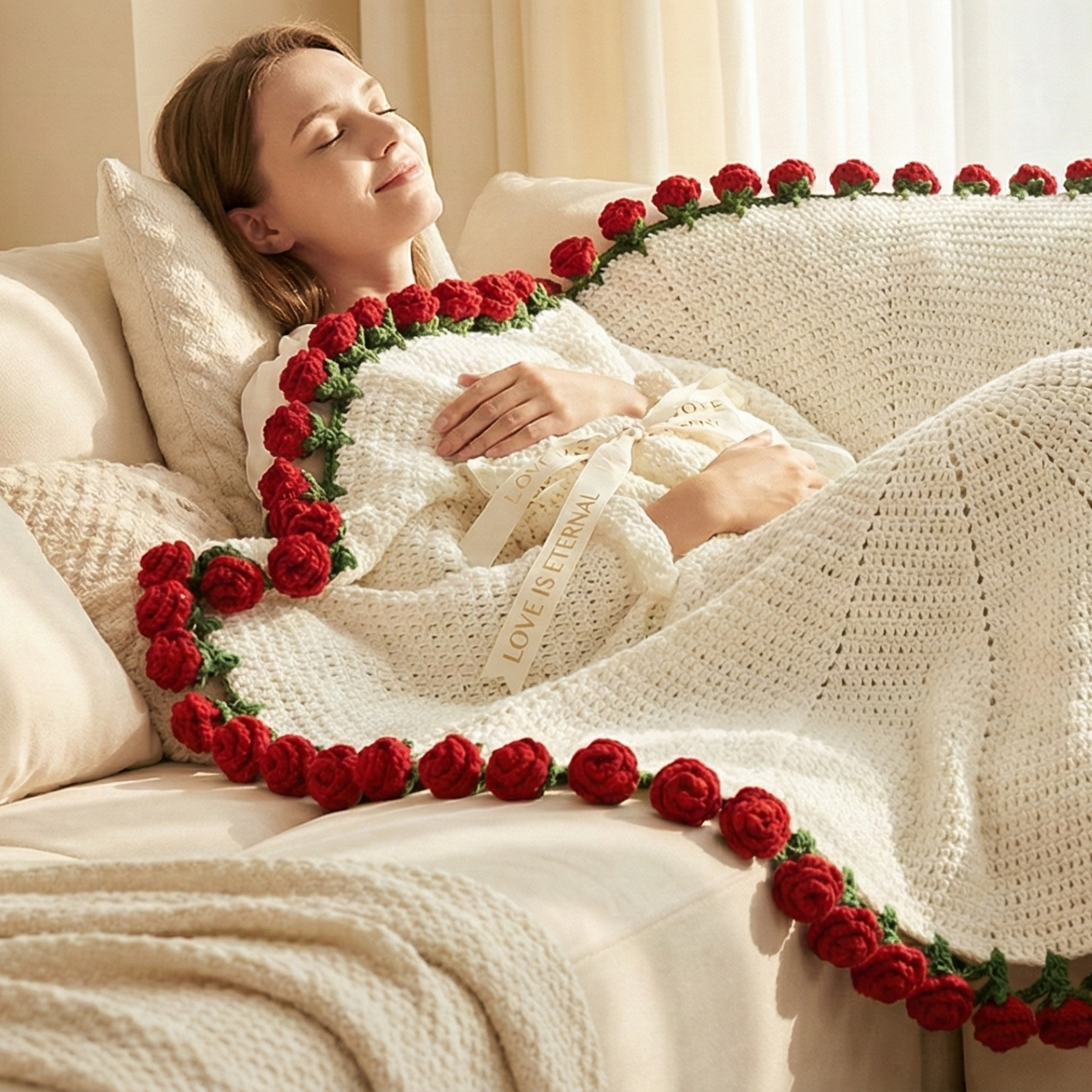 Woman lying on a couch under a decorative blanket with rose trim, brand 'rose-blanket.com' visible.